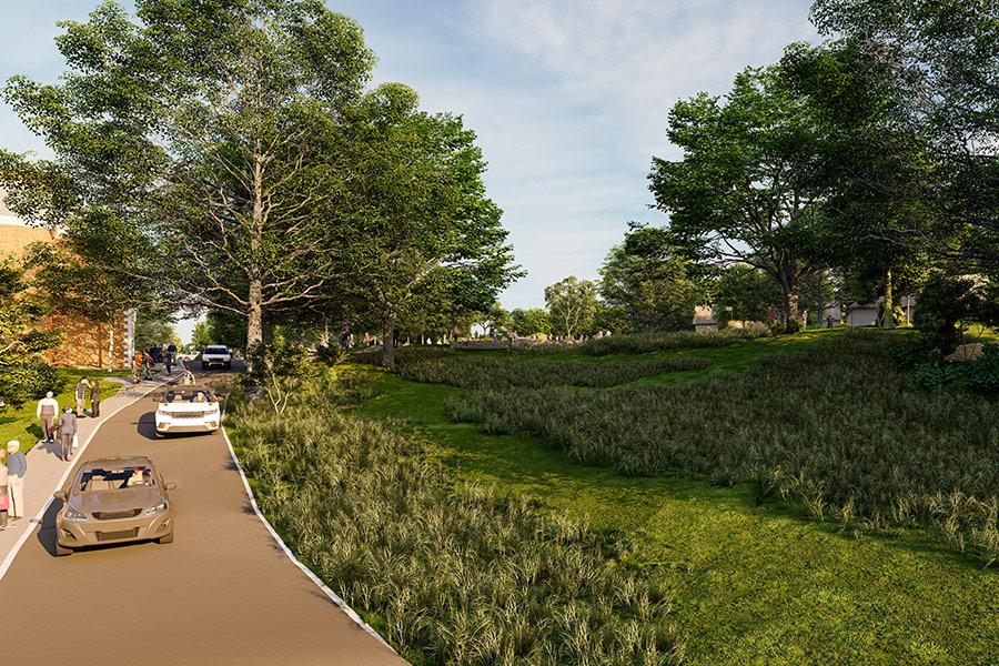 Artist rendering of people on the Upper Green view from Mazzella Field.