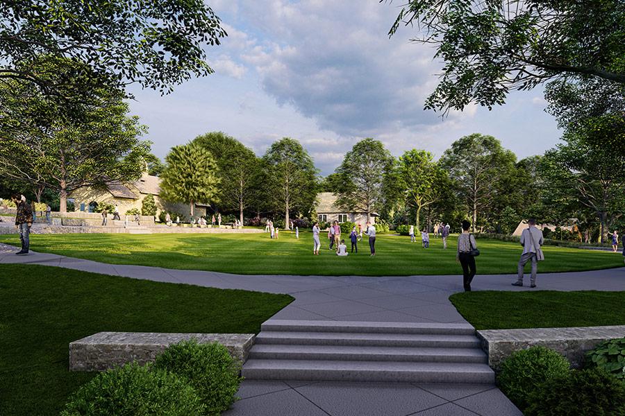 Artist rendering of people on the Upper Green with the Chapel.