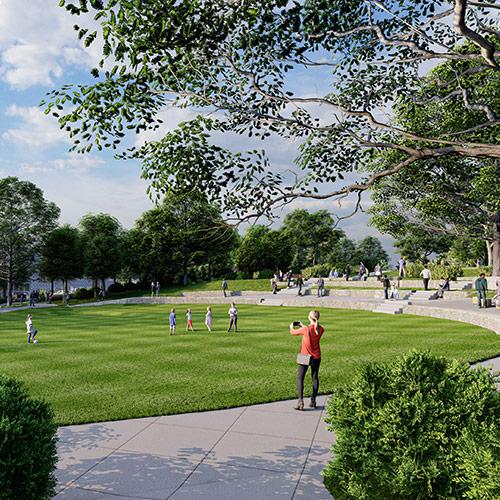 Artist rendering of people on the Upper Green.
