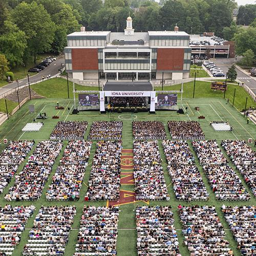 A drone shot of the 2025 Commencement ceremony on Mazzella Field.