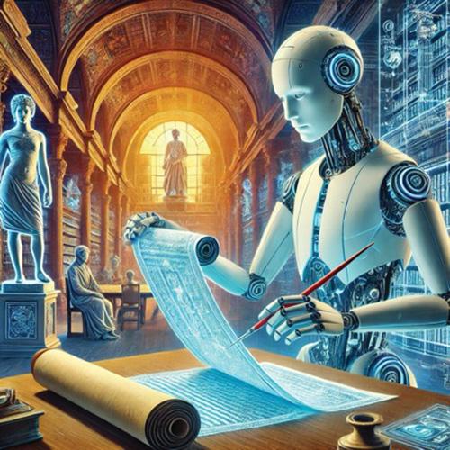 An AI generated image of a robot studying in an ancient library.