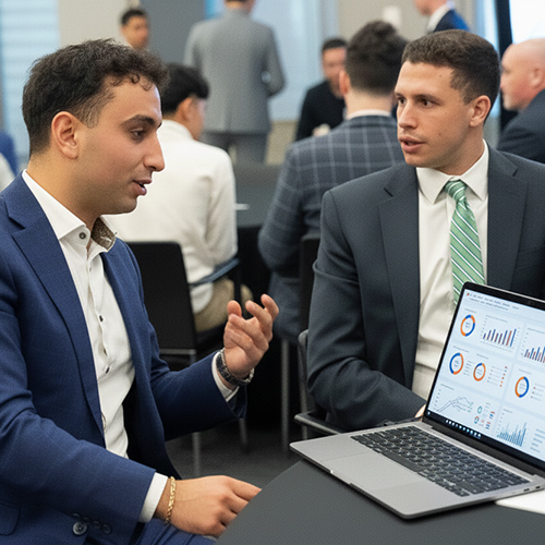 Two business students work with a laptop.