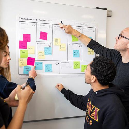 Students and a professor work on a post it board.