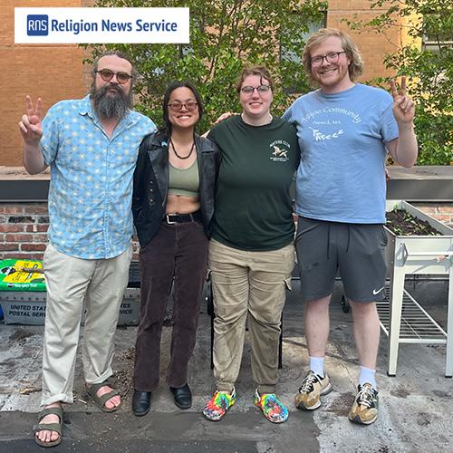 Jim Robinson with students at their rooftop garden with the Religious News Service logo.