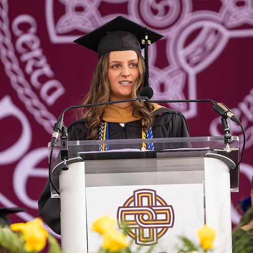 Celine Lewandowski ’25MBA speaking at the Commencement ceremony.