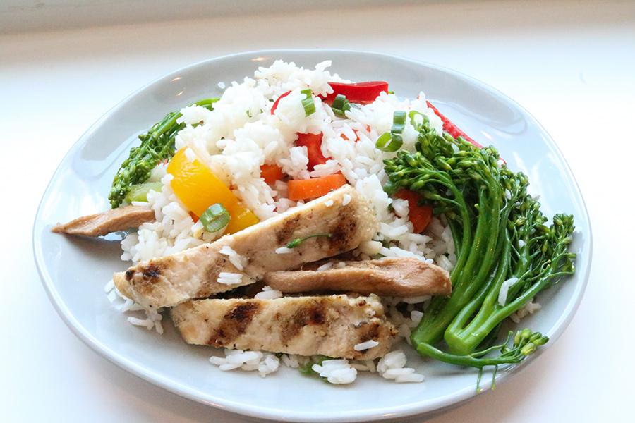 Chicken, rice and veggies prepared in the new dining hall.