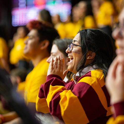 Student sitting and watching game in the Hynes Athletics Center.