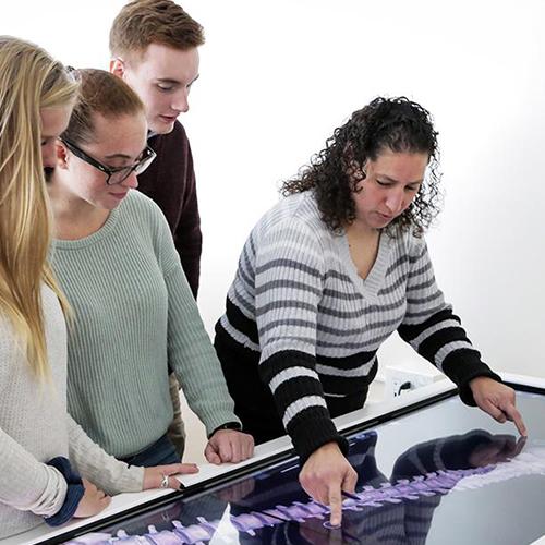 A professor works with students using the virtual dissection lab.