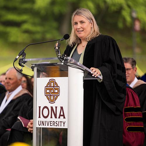 Emma Hayes speaking at the 2025 Commencement ceremony.
