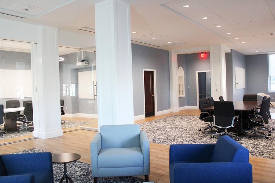The lounge area and main space of the Gabelli Center for Teaching & Learning.