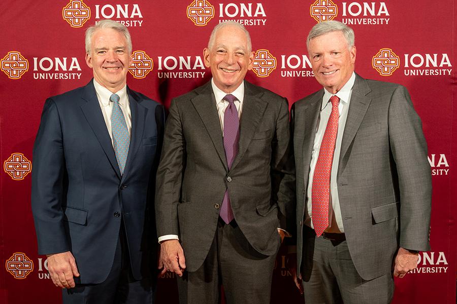 Seamus Carey, Ph.D., President, Iona University; Steven J. Corwin, M.D., President and Chief Executive Officer, NewYork-Presbyterian; and Alfred F. Kelly Jr. ’80, ’81MBA, ’19H, retired Chairman and Chief Executive Officer, Visa.