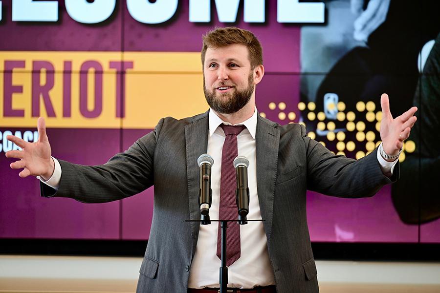 Dan Geriot at the podium at the press conference.