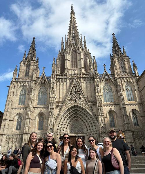 Students outside of a cathedral in Barcelona.
