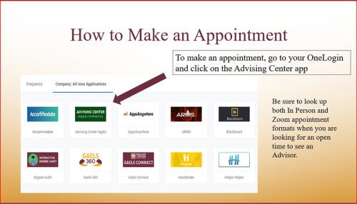 Infographic showing the green Adivising Center button on the OneLogin homepage.