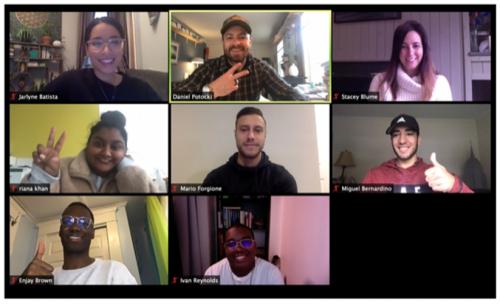 Eight people from the virtual incubator on a Zoom meeting.