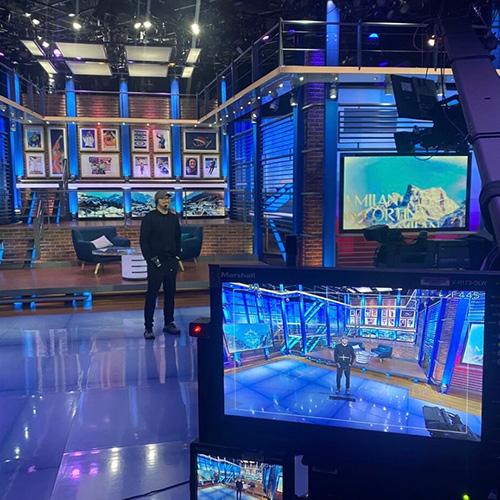 Chernoh Jalloh ’25MA on set in the NBC Sports building.