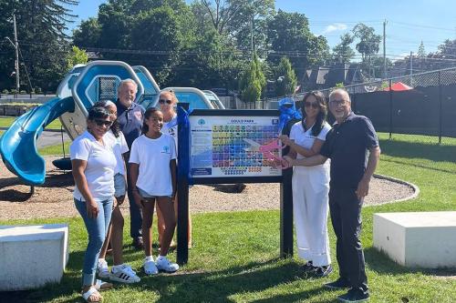 The recently donated Dobbs Ferry’s first playground communication board in Gould Park.