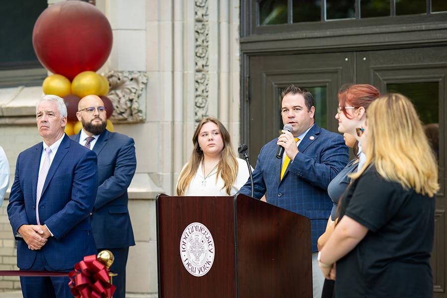 Kevin O'Sullivan speaking at the Bohm Hall ribbon cutting.