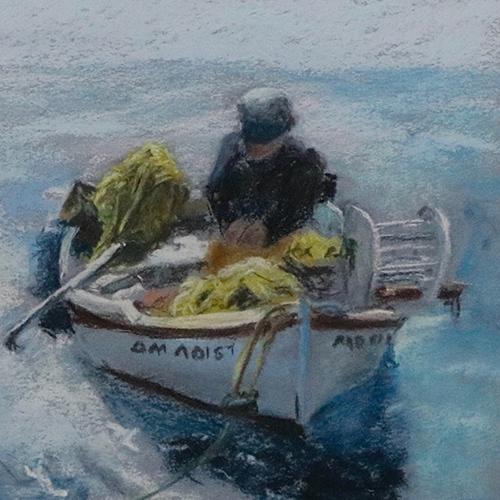 A painting of a man in a boat by Dr. Levkov.