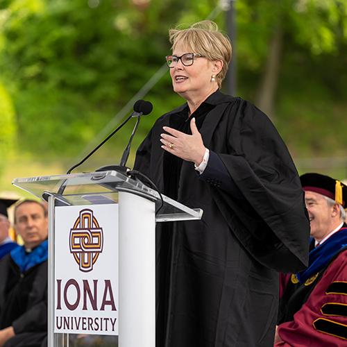 Maggie Timoney speaking at the 2023 Commencement.