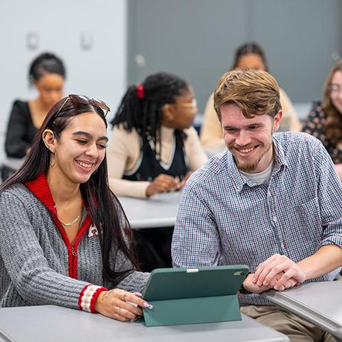Two business students work on a laptop together.