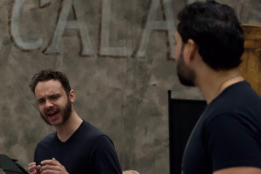 Two male actors in dialogue, for the performance of Iona University's Theatre Ensemble, "Motherland."