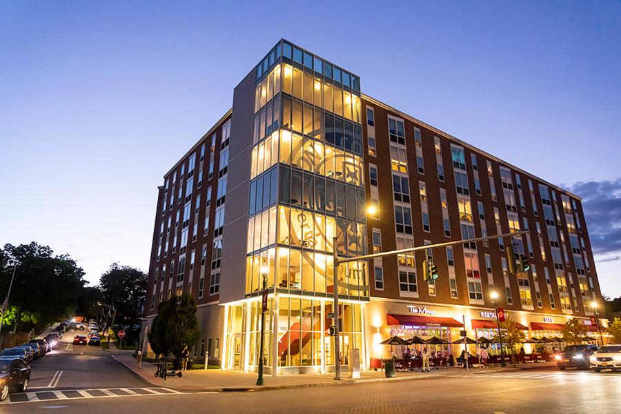 The North Ave. residence hall at night.