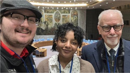 Pictured here are Ian Smith and Laila Shakir with Br. Kevin Cawley, CFC at their recent introduction to the UN Security Council Chamber at UN Headquarters in New York.