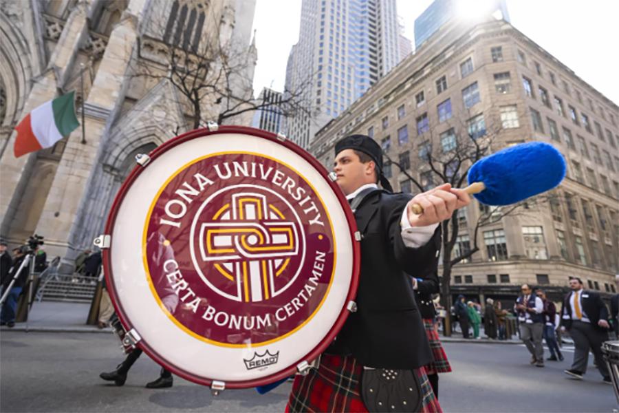 The Iona pipe band marches in the St. Patrick's Day parade.