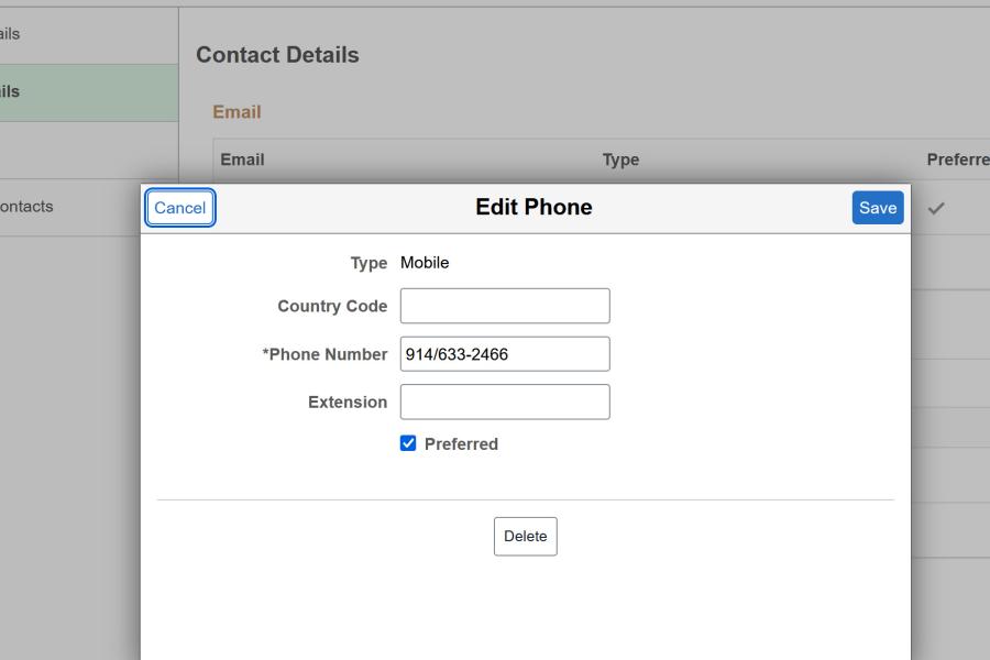 PeopleSoft Contact Details - Edit Phone