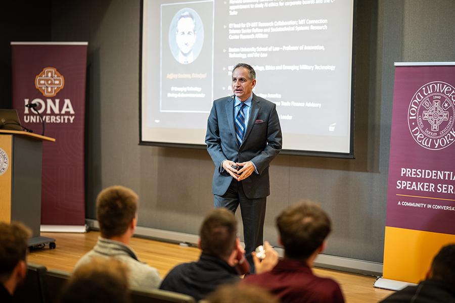 Mr. Saviano speaking in Henry Hall.