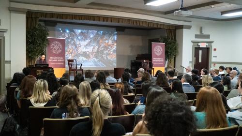 Shannon Vallor speaking to a full room.