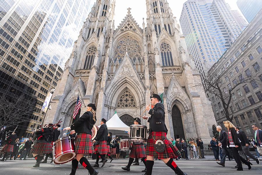 The Pipe Band parade past St. Patrick's Cathedral in Manhattan.