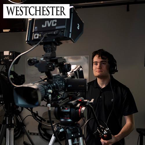 A student works a camera in a television studio with the Westchester Magazine logo in the top left corner.