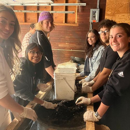 Students composting at Iona University.
