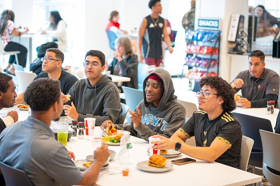 Students enjoy lunch in the new dining all.