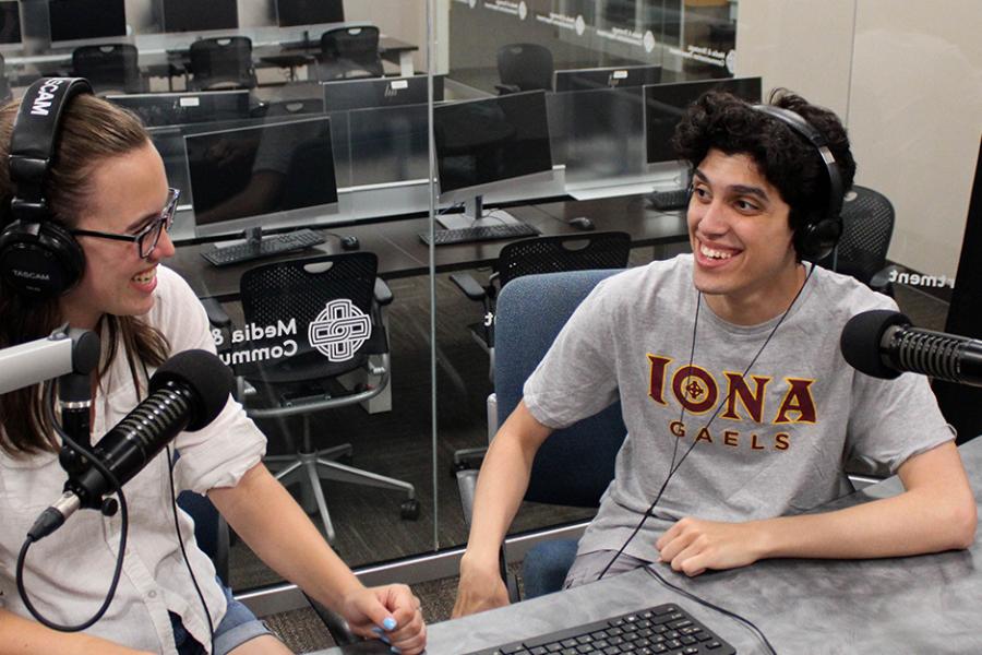 Two students in the Iona podcast studio.