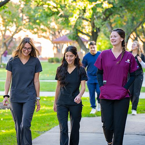 Health sciences students walking on the Bronxville Campus.