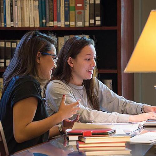 Two students work in the library.