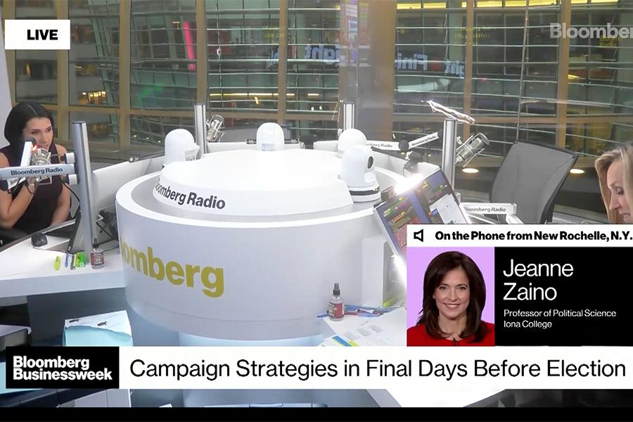 Dr. Jeanne Zaino, Professor of Political Science at Iona University, at the Bloomberg radio studio.