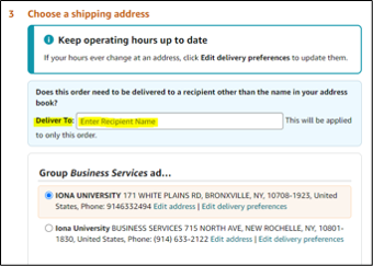 The Amazon shipping address form showing where you add recipient's name.